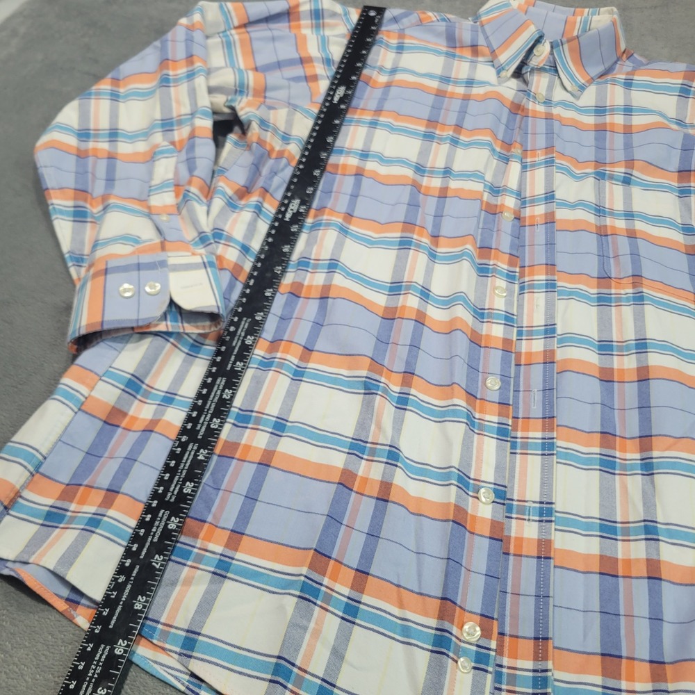 Chaps Button Down Shirt Mens 16.5 32/33 Blue Orange Plaid Classic Wrinkle Free - Picture 2 of 8